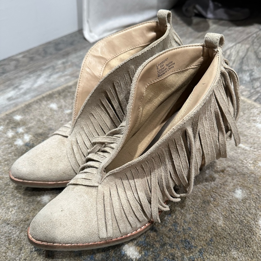 Fringe tan suede booties with open front